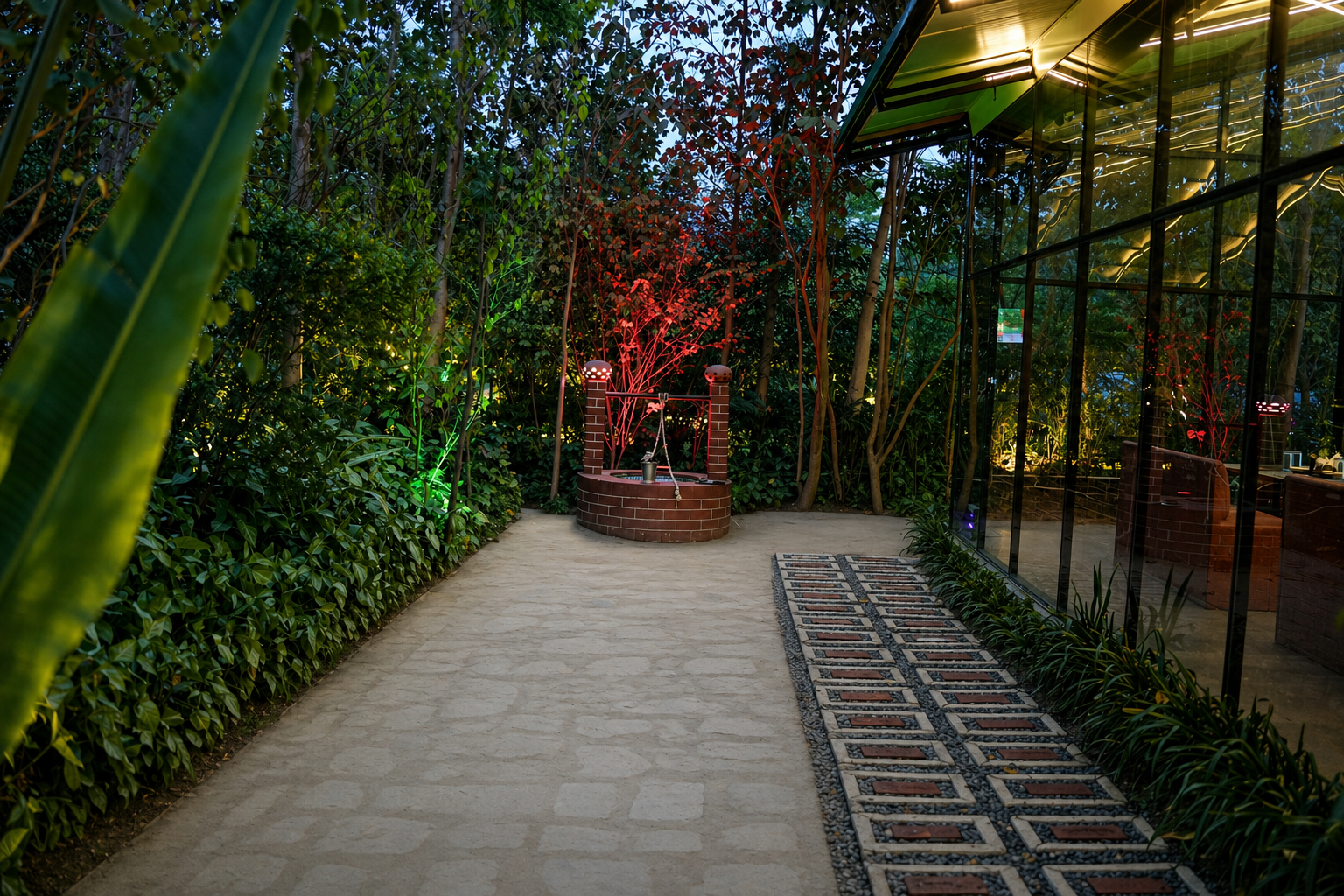 Vibrant evening reception with colorful lighting